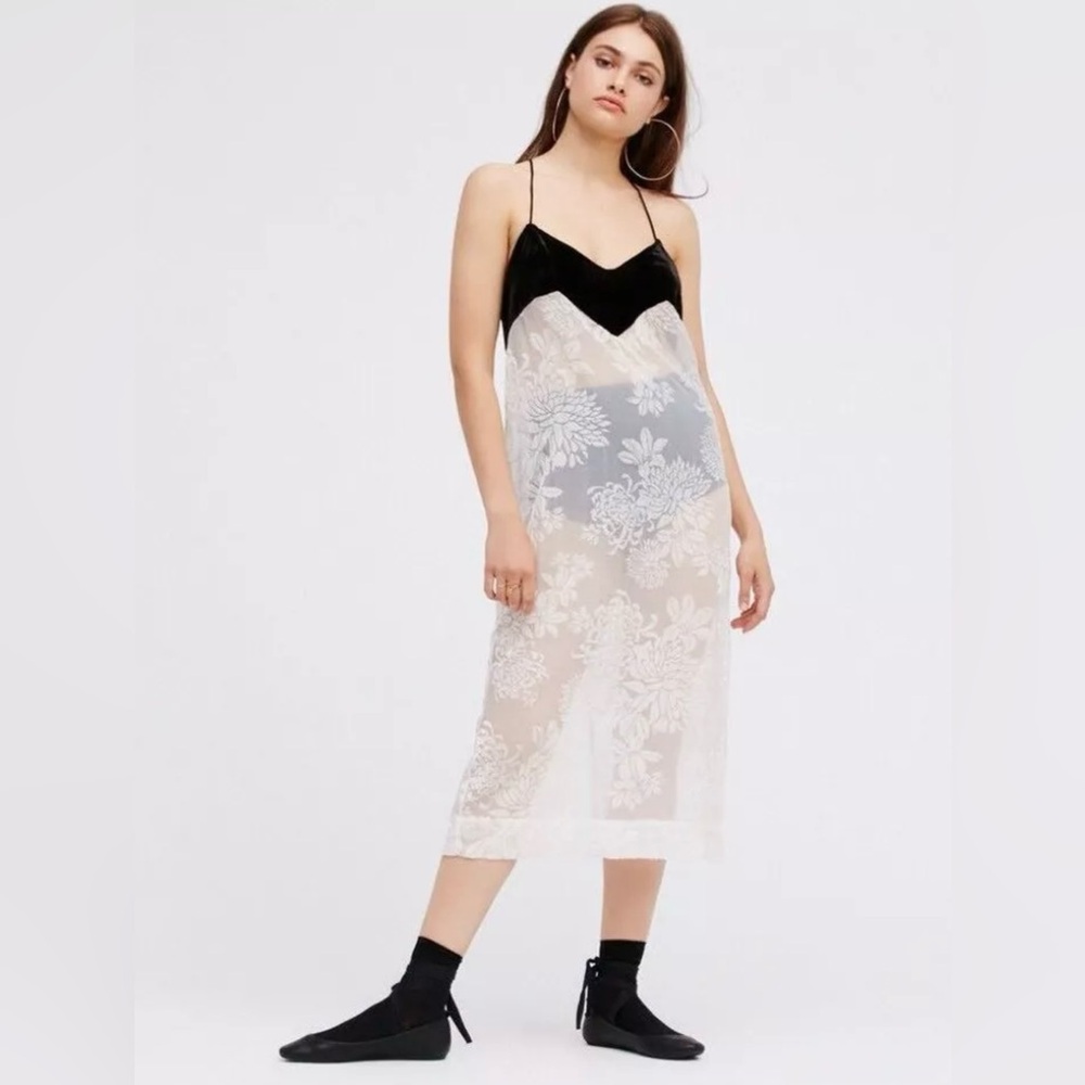 Free People M Love All Day Black White Burnout Velvet Floral Maxi Slip Dress